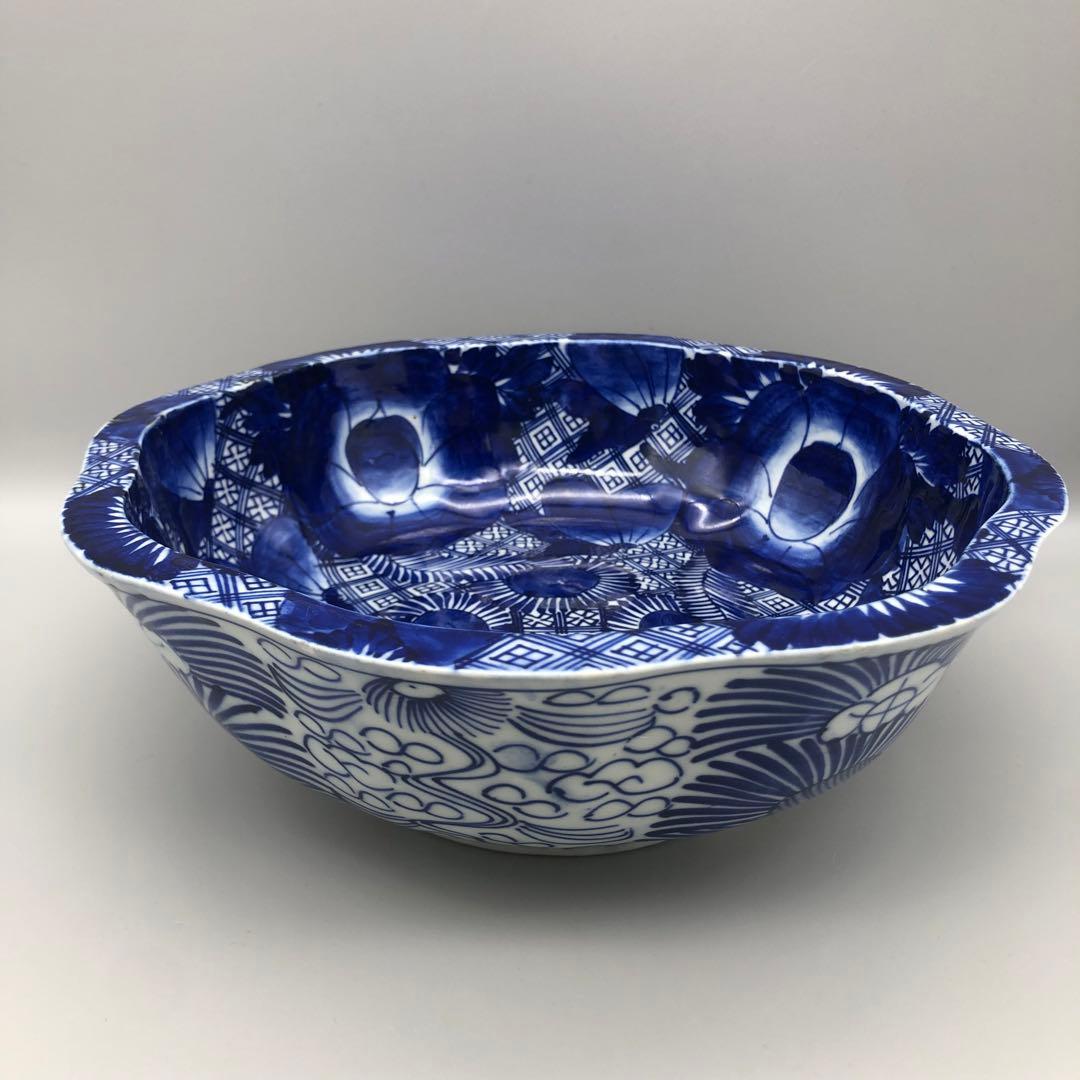 明治時代古伊万里幾何学模様ベロ藍印判手中押し鉢ボウル27cm伊万里焼骨董品