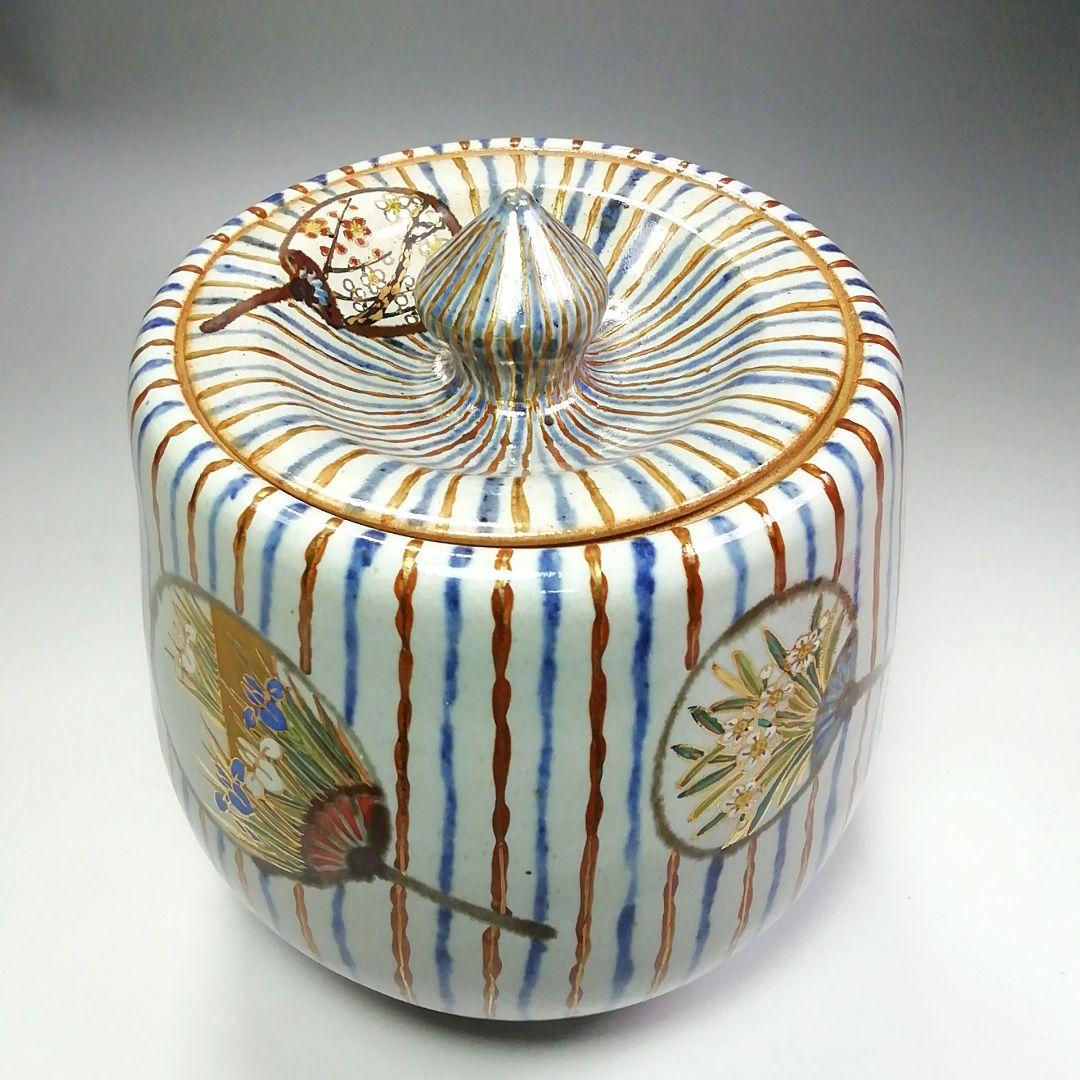 Ｓ２８９　水指　『麦藁手四季団扇』『松古窯　佐久間芳丘』　共箱　茶道具