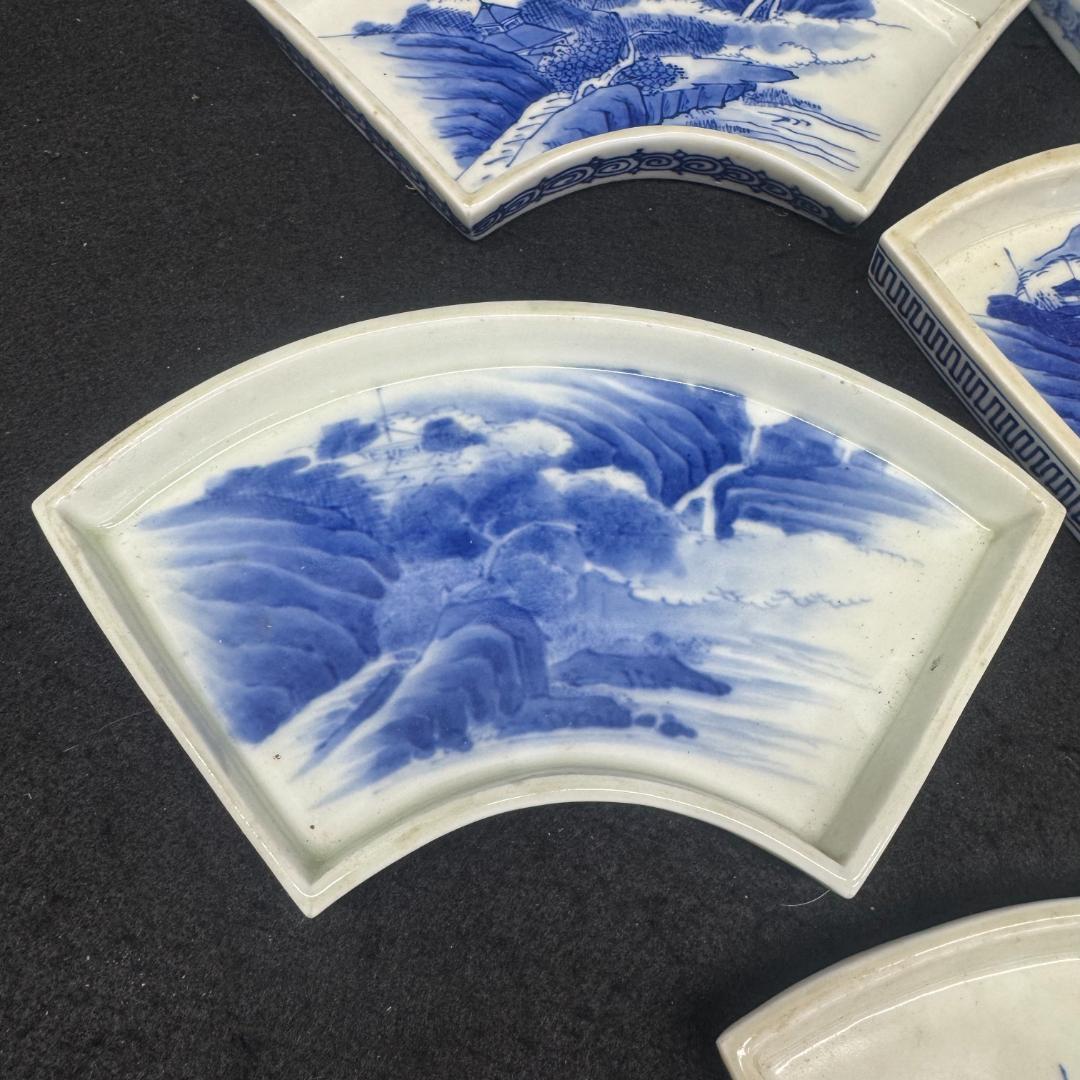 江戸時代 　古平戸 染付山水文扇形 皿 7枚