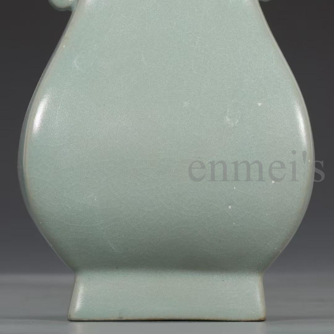 中国古美術・宋汝窯款天青釉銀口四方尊花瓶・工芸品・木箱付・文房具・風水開運・陶器