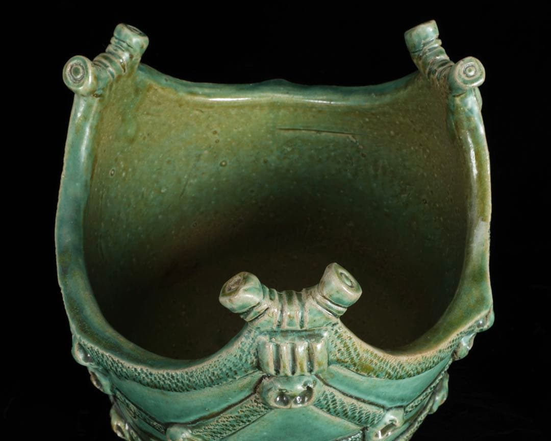 【富久窯 井上富三】縄文写花瓶 共箱 高さ37㎝ 緑釉 花器 花入 古美術 骨董