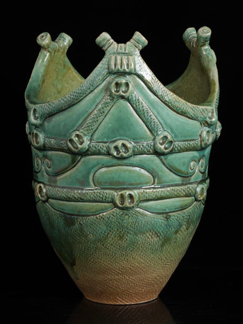 【富久窯 井上富三】縄文写花瓶 共箱 高さ37㎝ 緑釉 花器 花入 古美術 骨董