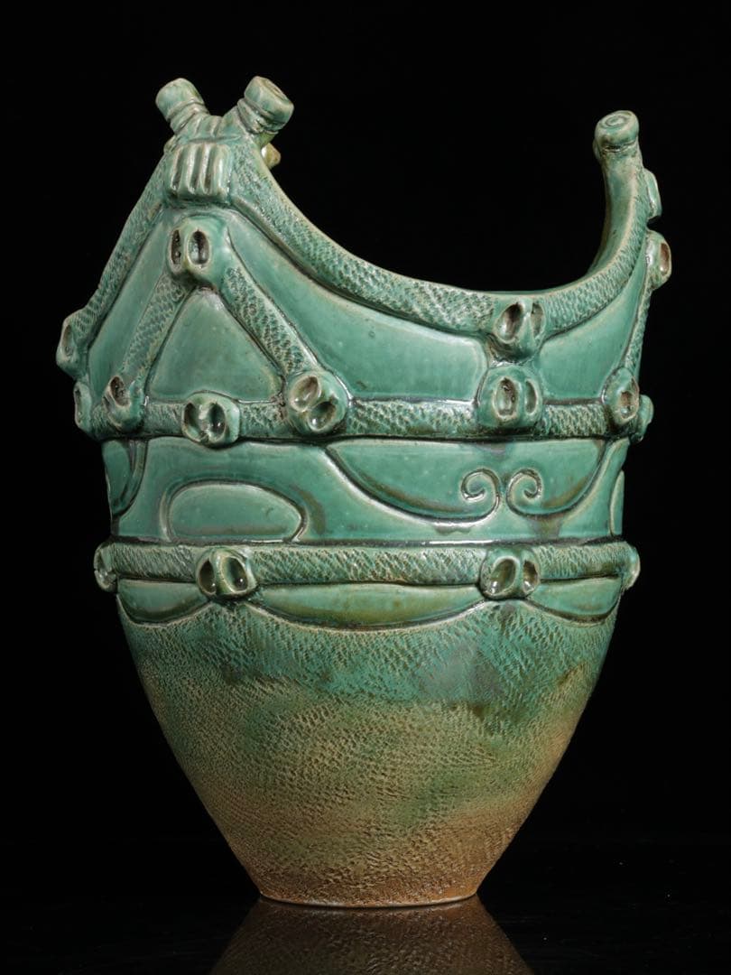 【富久窯 井上富三】縄文写花瓶 共箱 高さ37㎝ 緑釉 花器 花入 古美術 骨董