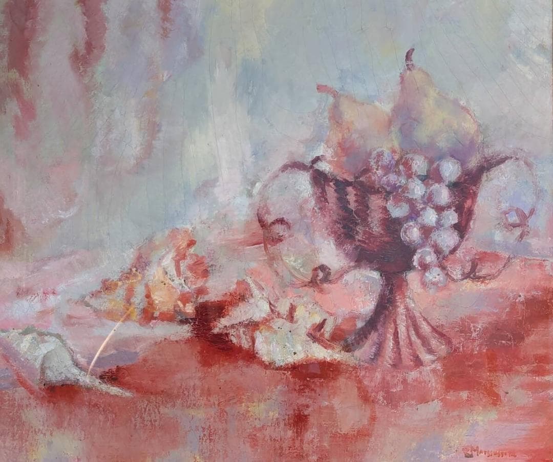 【真作】絵画　油彩10号　静物画　果物と花器　優美な色彩表現　Y148