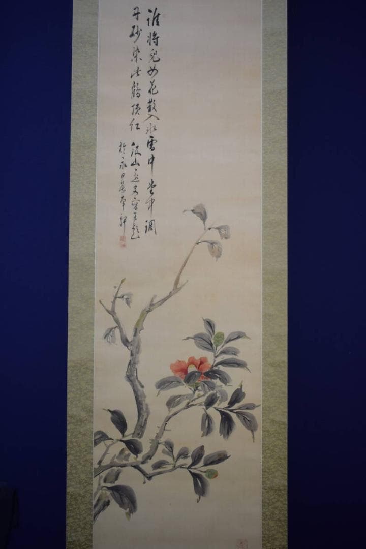 真作/三井飯山/椿画賛/布袋屋掛軸HI-563