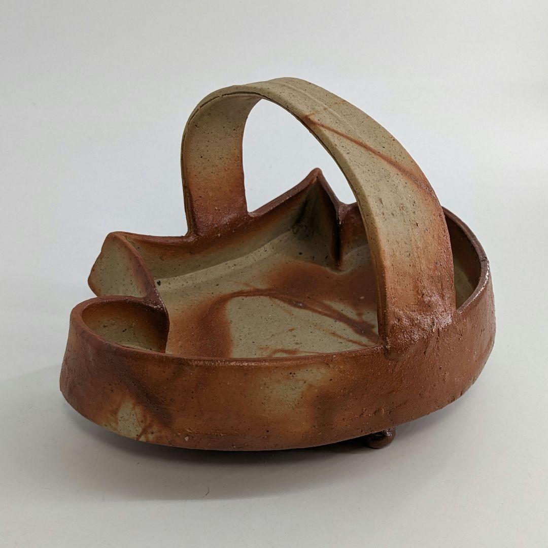 岡山県重要無形文化財 金重有邦 備前焼 「伊部ヒダスキ手付鉢」 共箱合布栞 緋襷