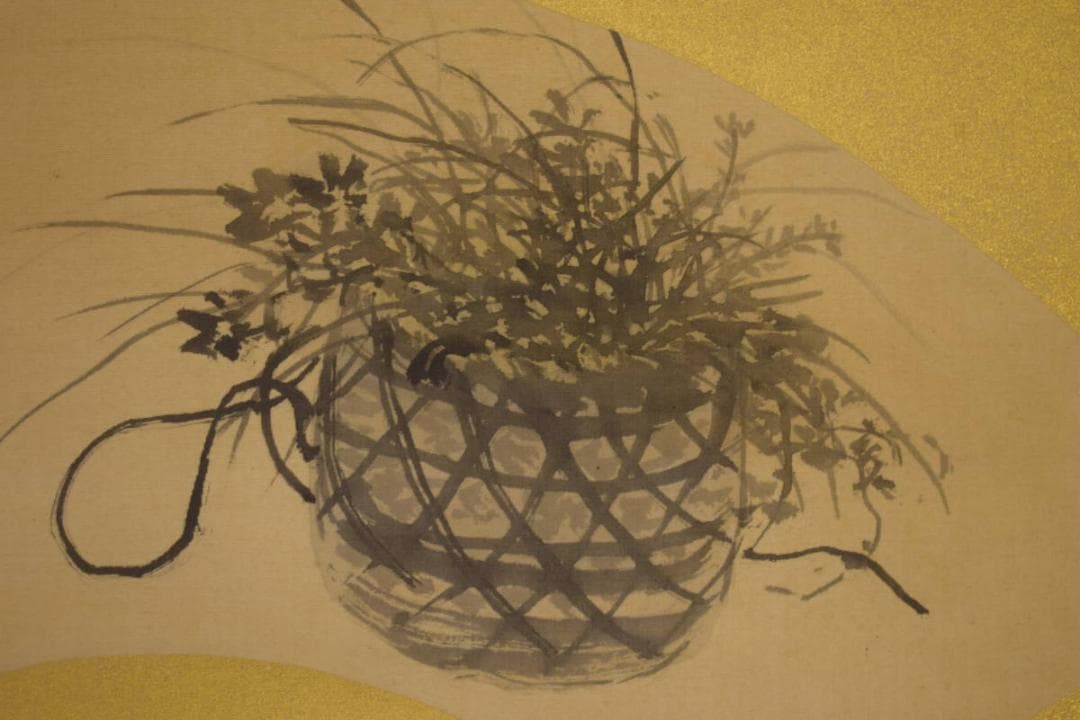 真作/今尾景年/花籠画賛/扇面/絹表装/横物/布袋屋掛軸HI-756