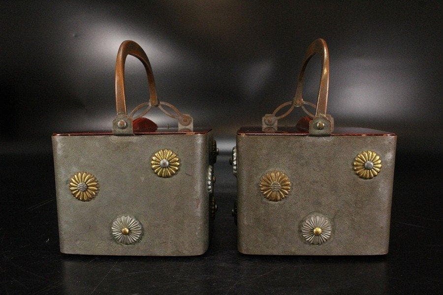 銅製 金銀菊紋 散らし 四方 銚子 酒器 一対 旧家蔵出