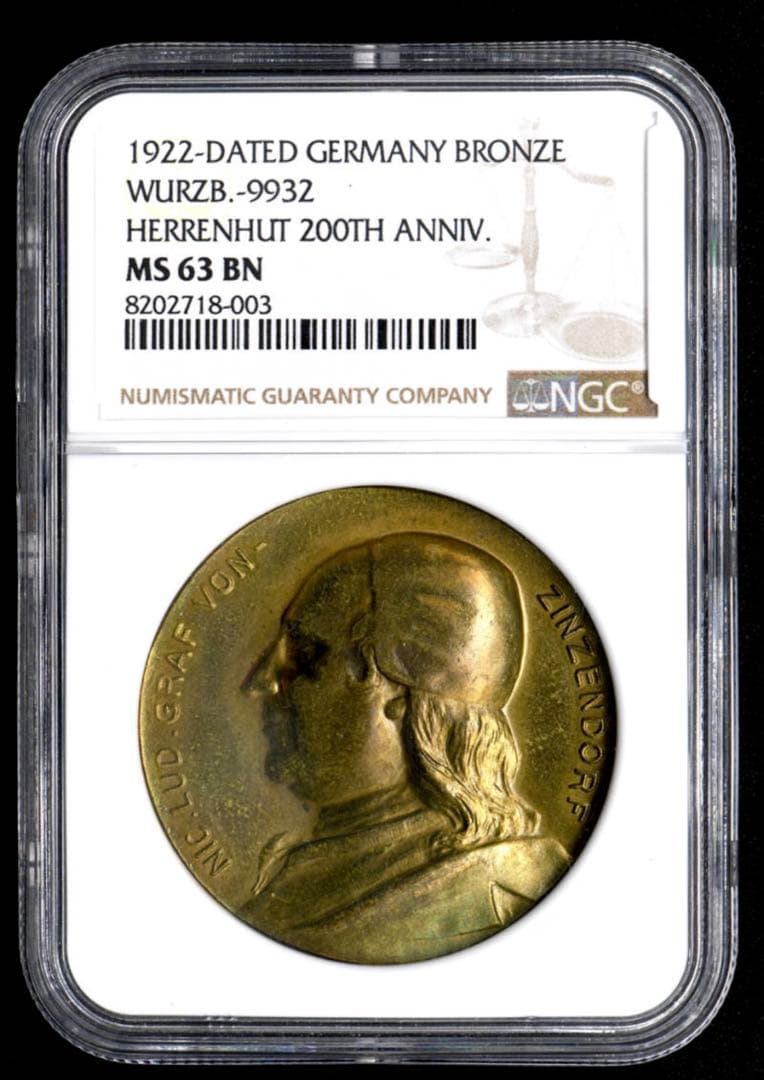 NGC MS63BN ドイツ 1922 青銅メダル ツィンツェンドルフ伯爵
