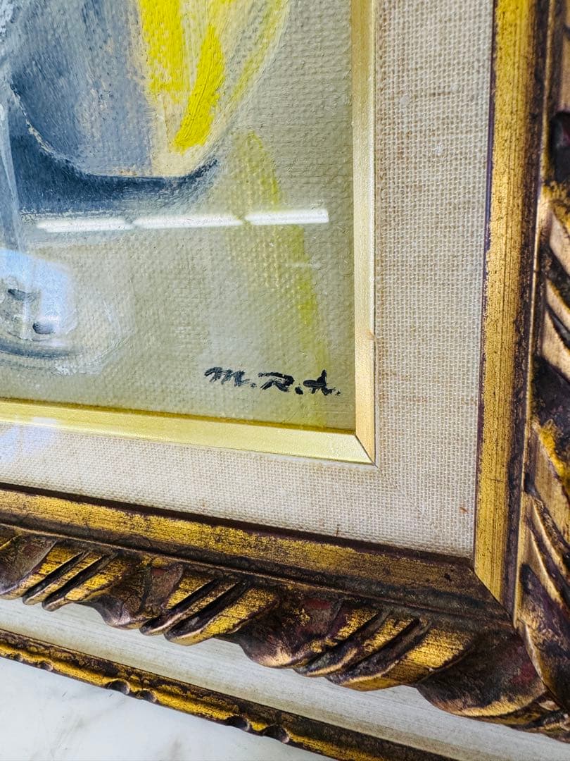 リンゴとカクテルグラスの油彩画