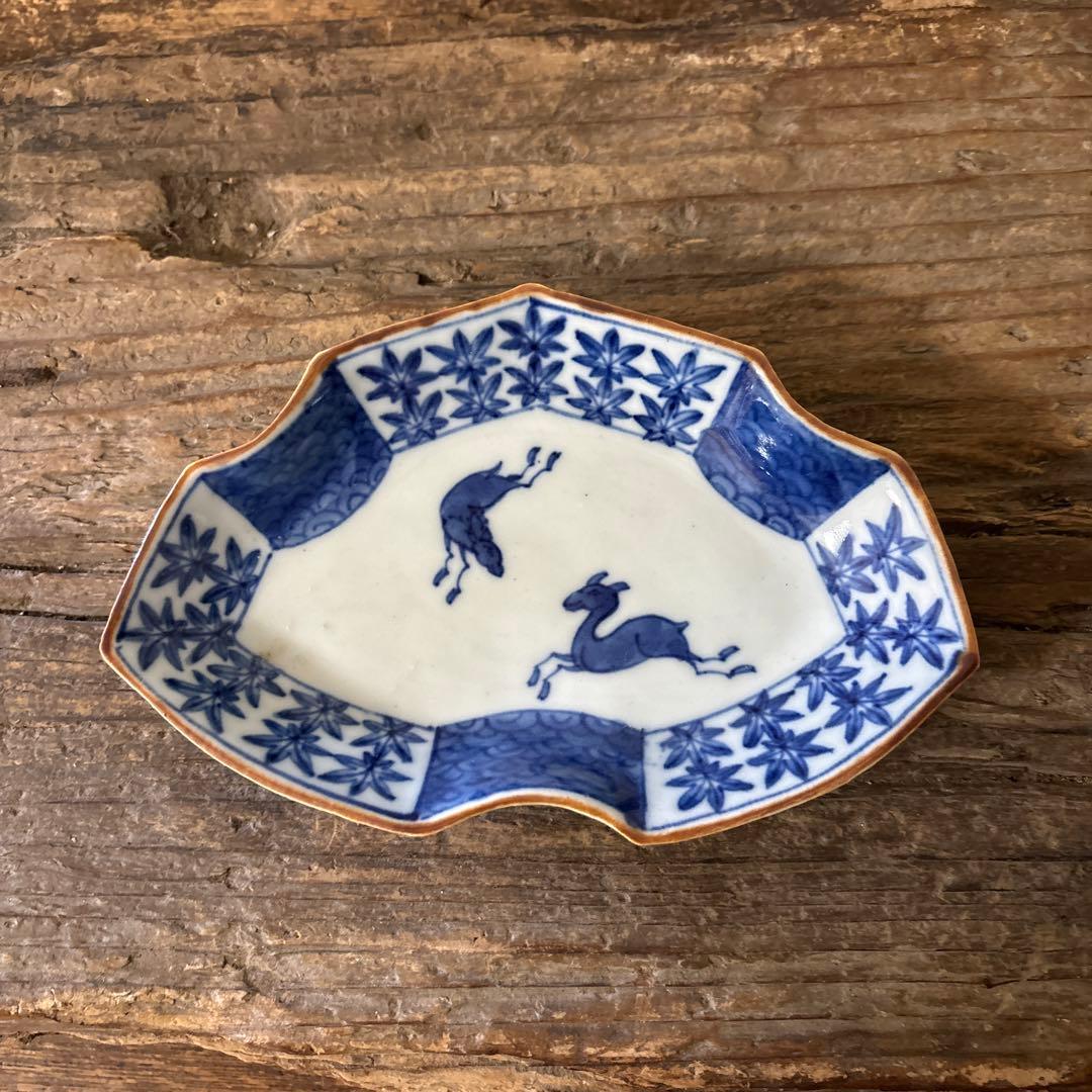 アンティーク変形小皿5点　明治　大正　印判染付古道具　検:白洲正子　李朝