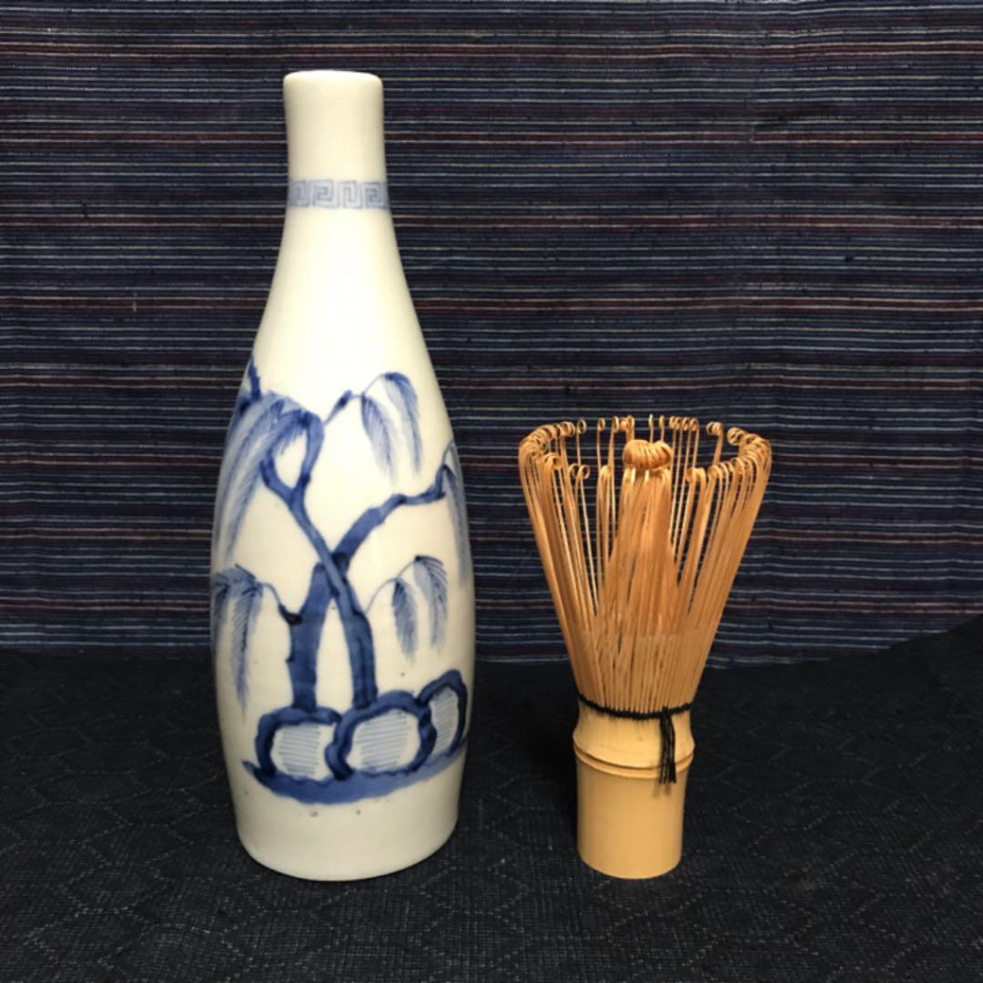 珍品形　江戸期古伊万里（切込焼？）　小瓶形柳図徳利　本物保証