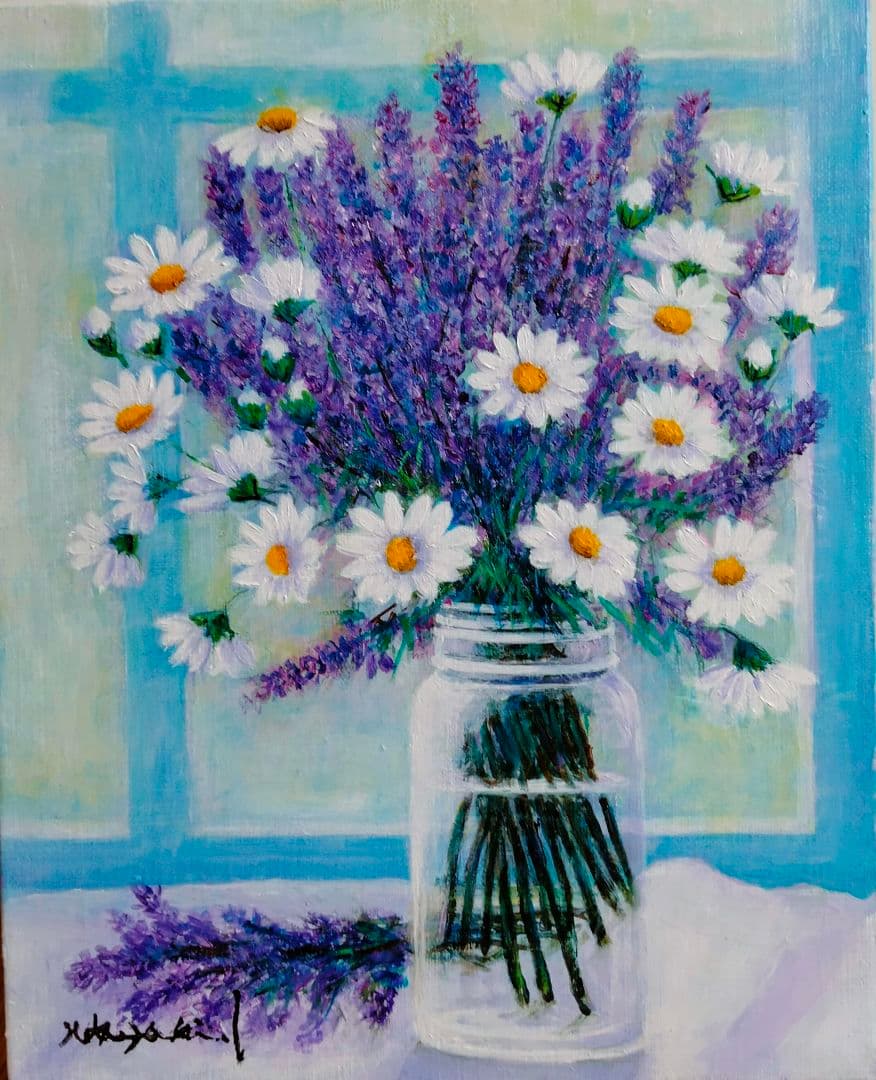 新作・油絵　窓辺のラベンダー　F3