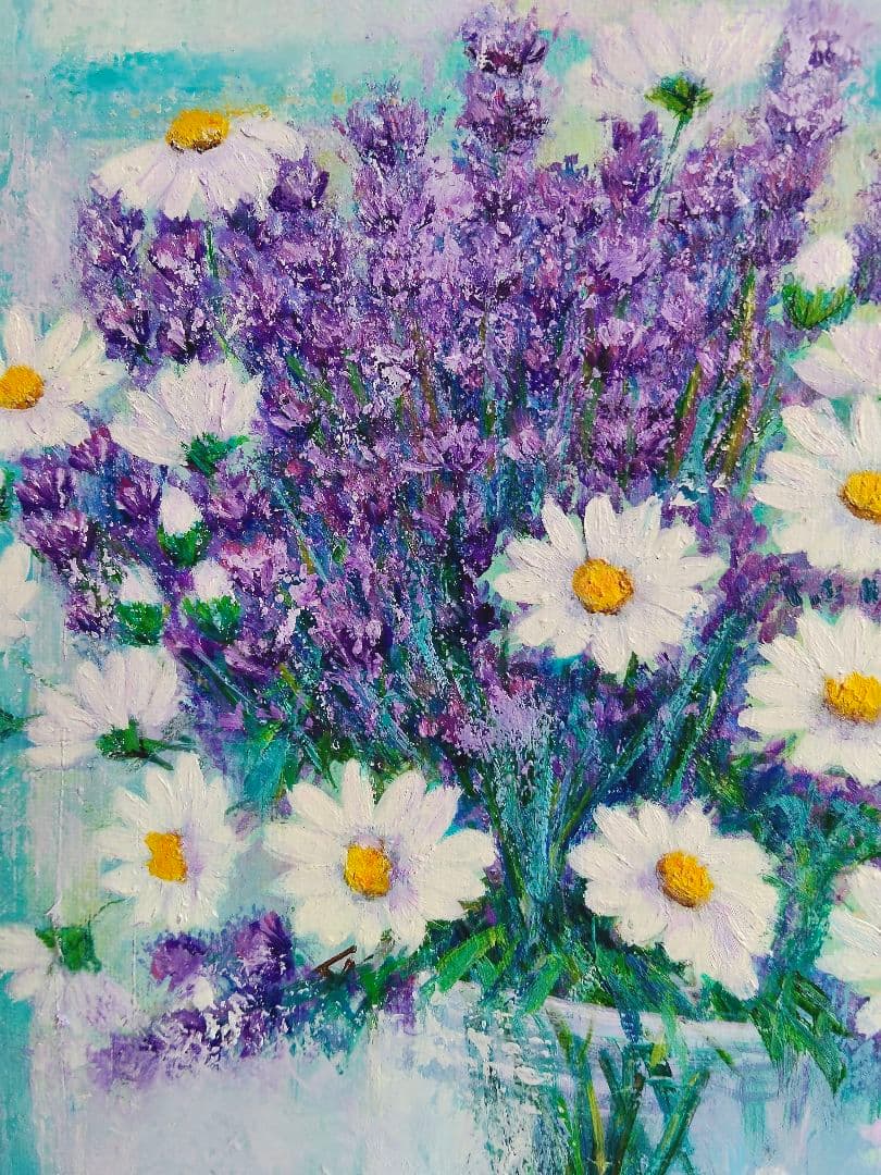 新作・油絵　窓辺のラベンダー　F3