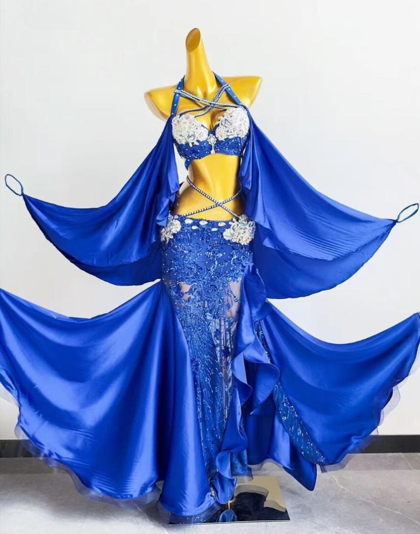 新品未使用 高級ベリーダンス衣装 宝石ブルー魚尾ロングドレス ブラスカートベルト