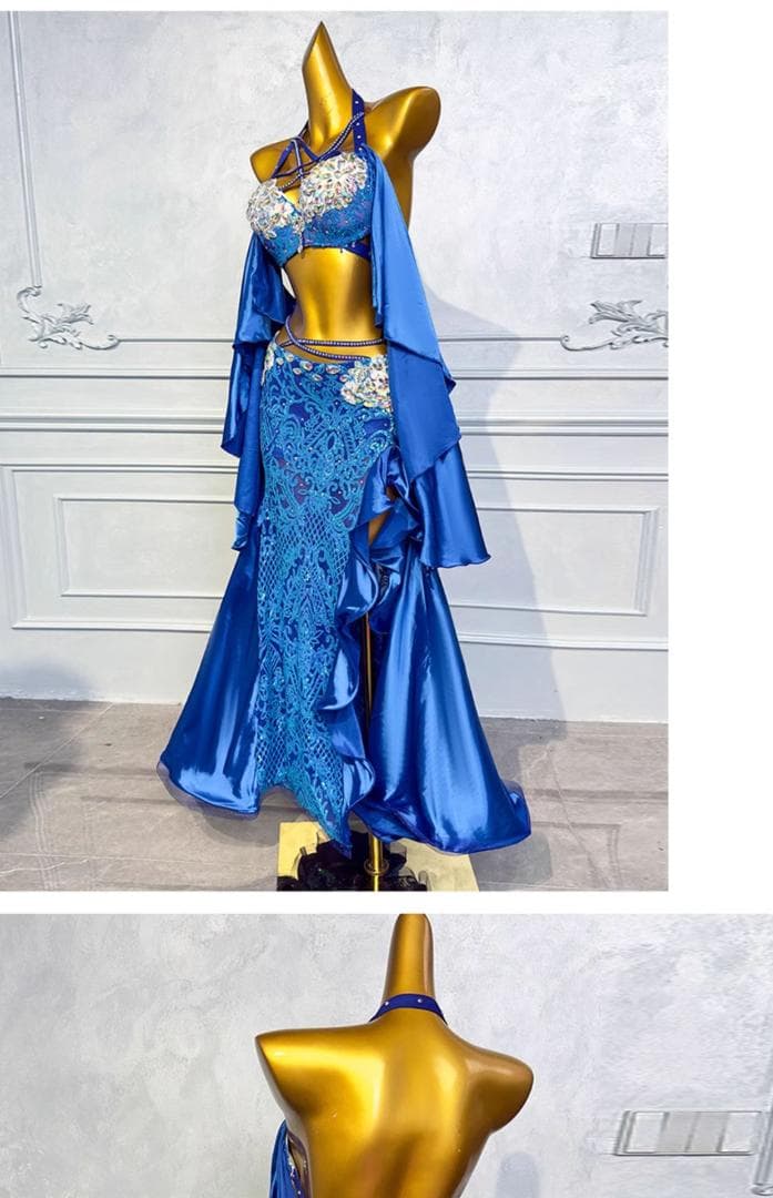 新品未使用 高級ベリーダンス衣装 宝石ブルー魚尾ロングドレス ブラスカートベルト