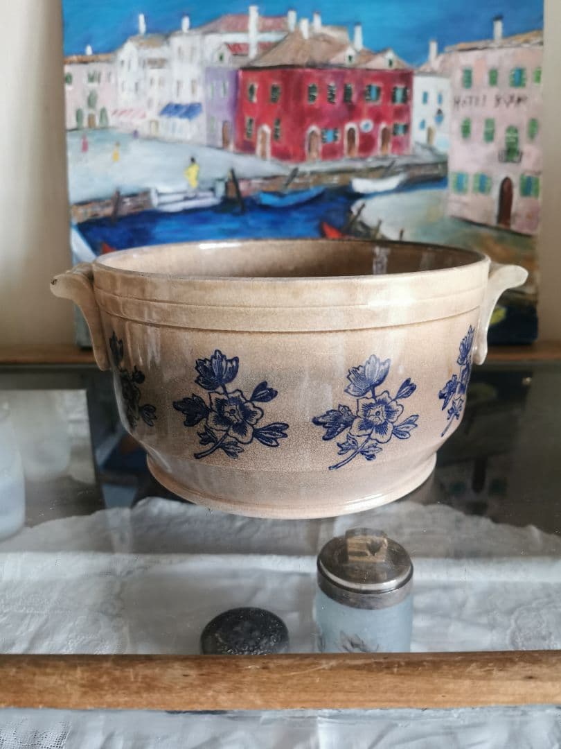 アンティークフランス ハンドル付きディープボウル インディゴ花柄深皿 美しい貫入