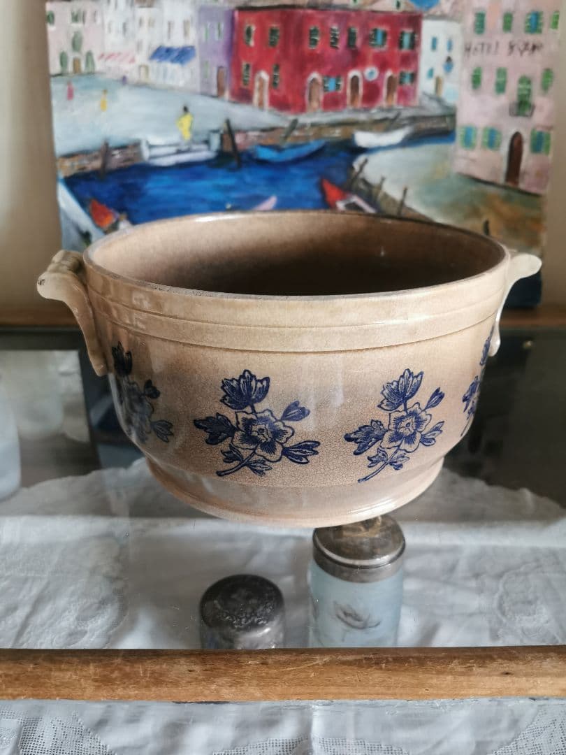 アンティークフランス ハンドル付きディープボウル インディゴ花柄深皿 美しい貫入
