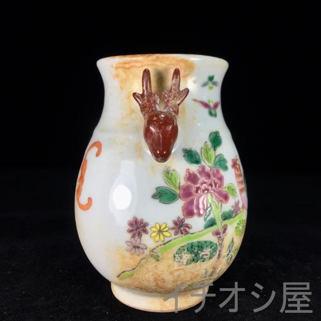 中国古美術 清粉彩 鹿頭尊 花鳥絵 古磁 唐物逸品 陶器製 水差し 花瓶 茶道具