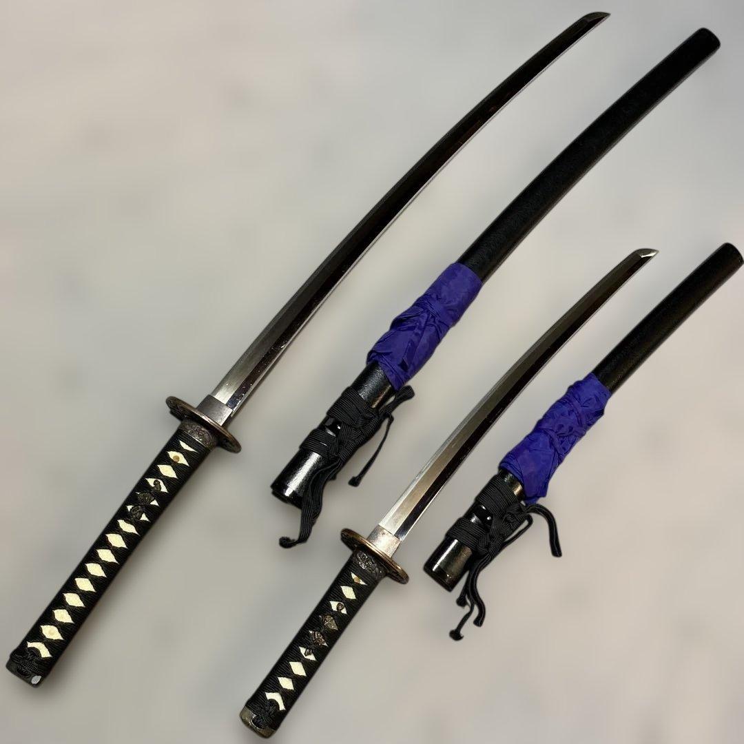 上級模造刀大小２本(刀袋付) 黒柄 竹笹小判鍔