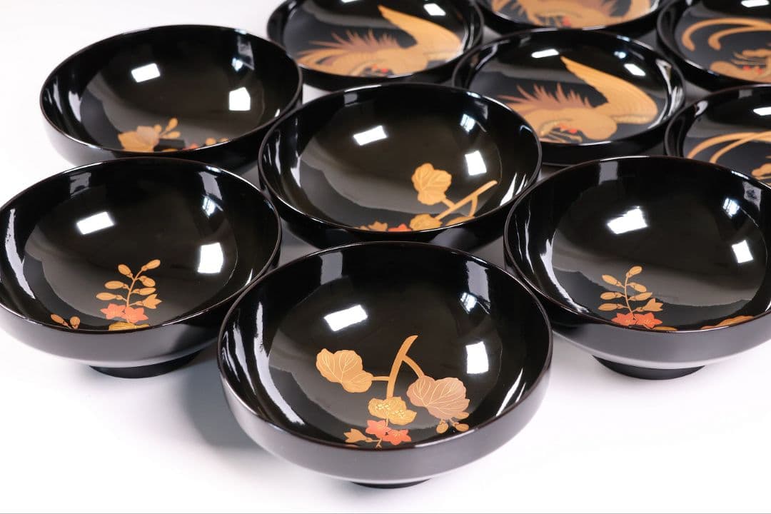 【CM402】天然木漆塗 菊桐鳳凰金蒔絵 黒塗 吸物椀 五客 昭和期 木製漆器