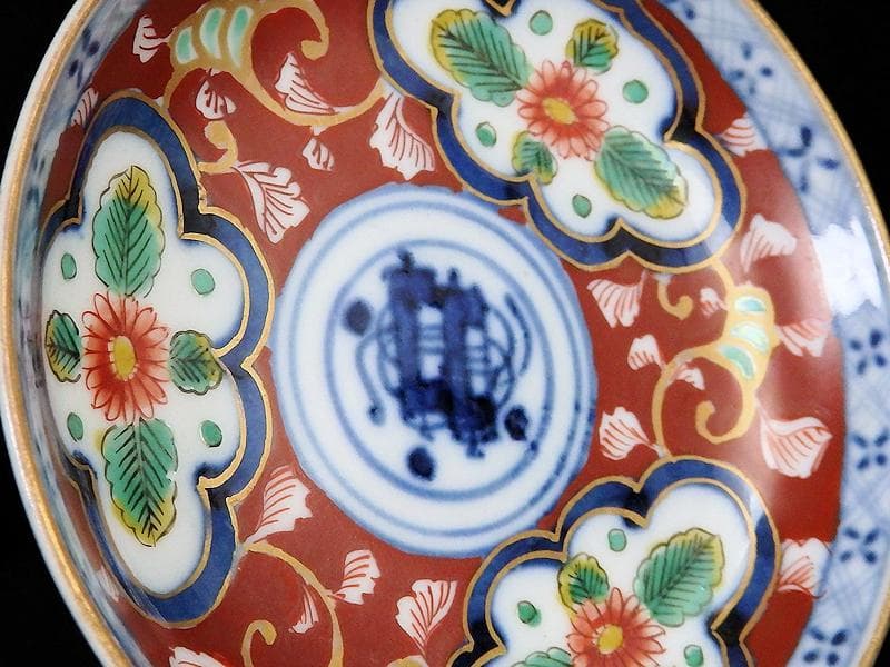 大聖寺伊万里　色絵　窓絵　菊に唐草の図　４寸皿　５客　A136A-CBe