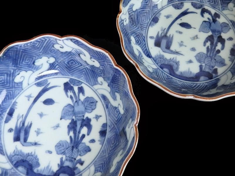 古伊万里　染付　雷紋に雲　花鳥紋の図　膾皿　２客　江戸期　E411AS-CEz