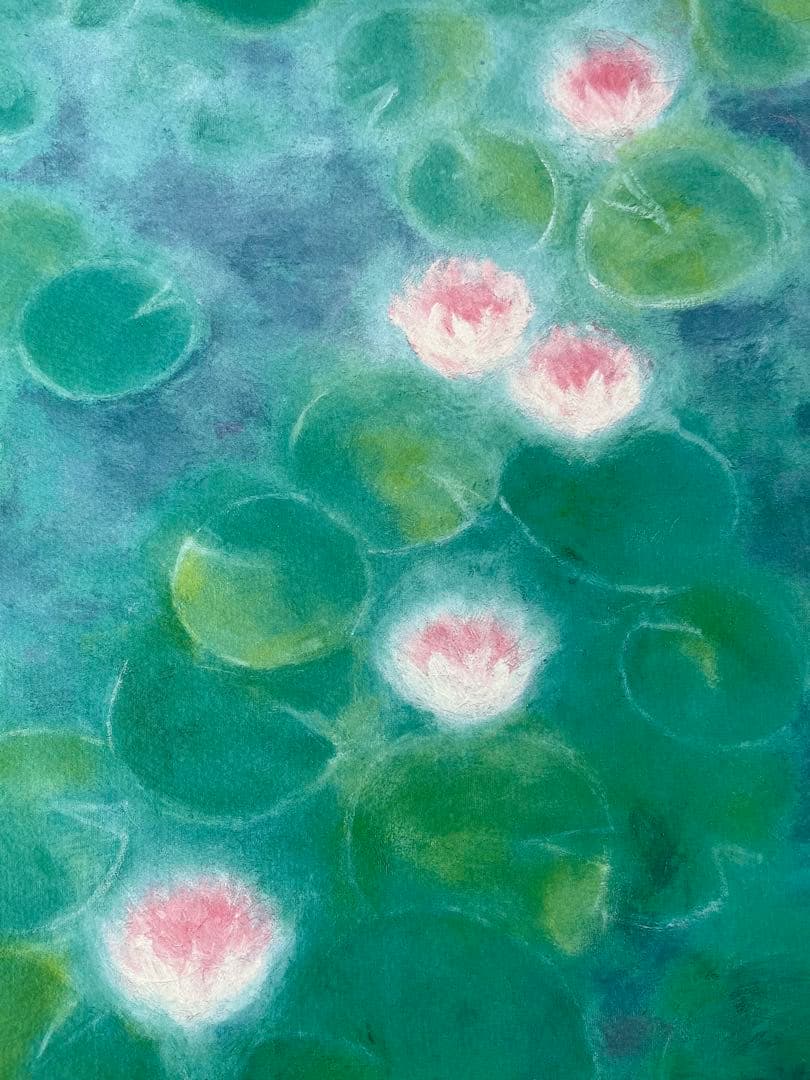 版画　限定　サイン、エデション番号有　額入り　蓮　グリーン系　ジニーキム　睡蓮