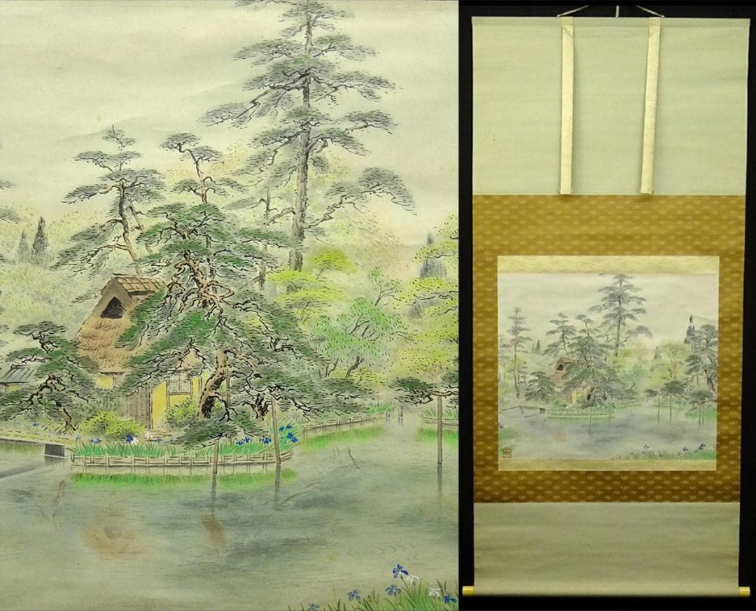 掛軸 春暲『梅之宮池辺』紙本 肉筆 共箱付 掛け軸 w04257