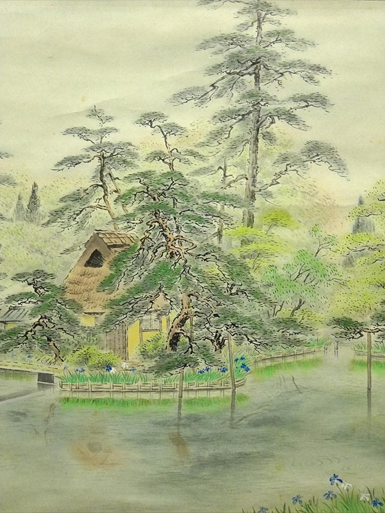 掛軸 春暲『梅之宮池辺』紙本 肉筆 共箱付 掛け軸 w04257