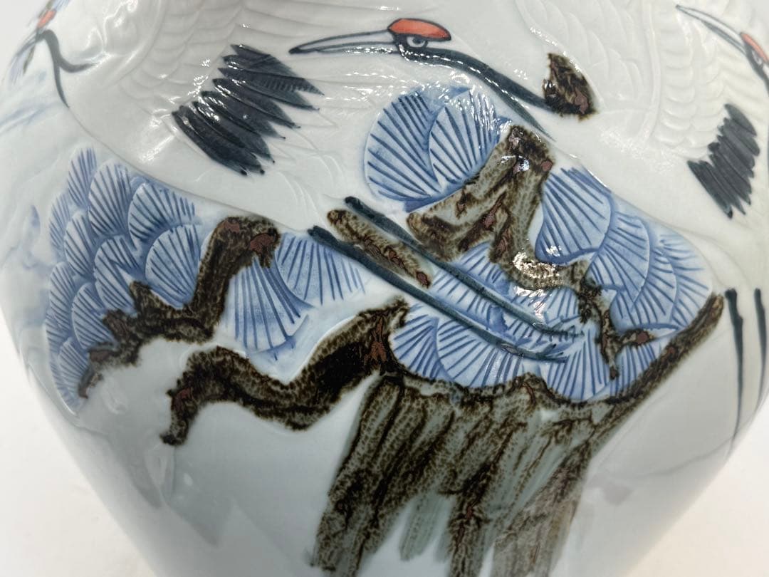 東岩　青華辰砂釉雲鶴紋大壺　浮き彫り模様　送料込み260124