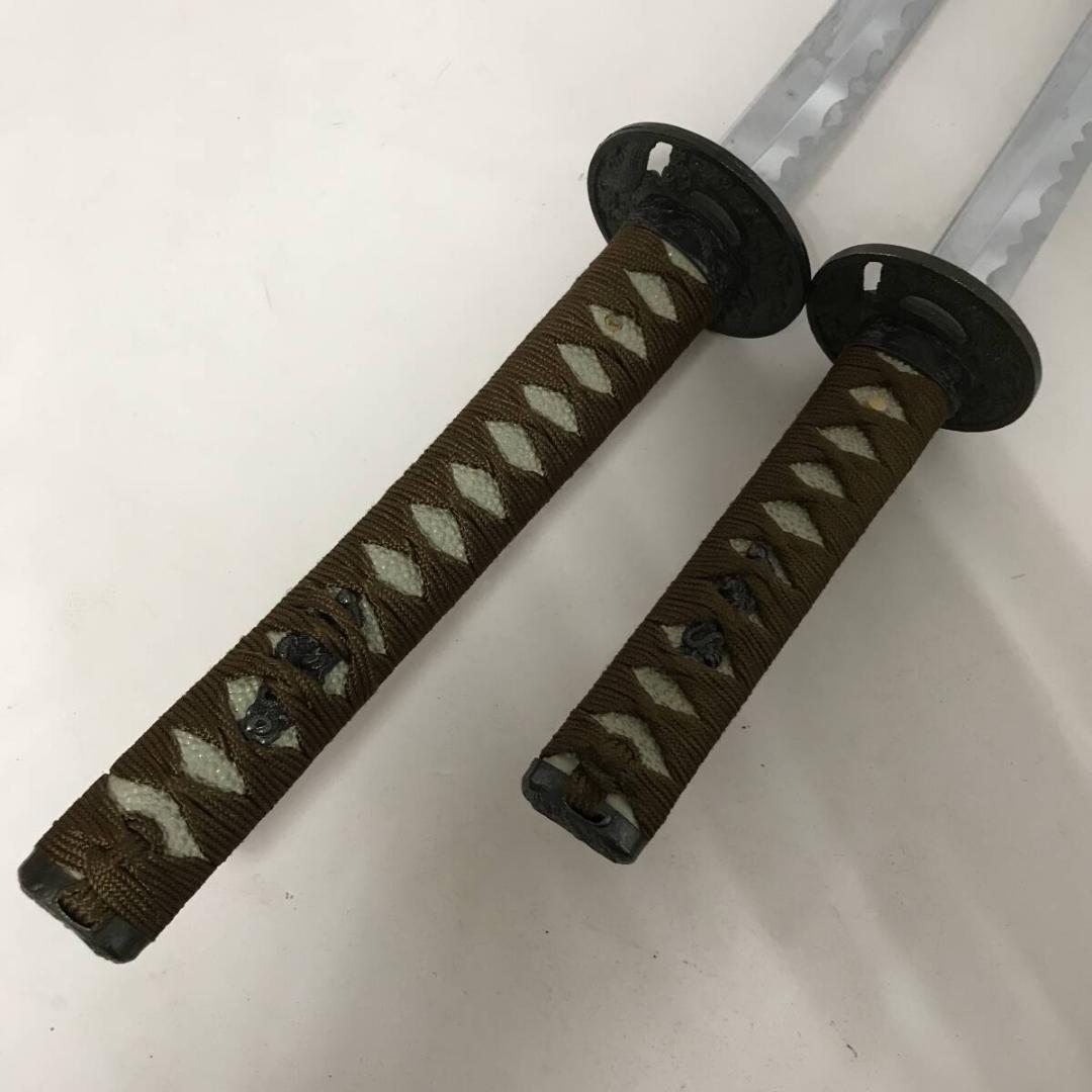 時代物 刀 日本刀 模造刀 大小一組 全長約100/66㎝ 龍目貫 玉龍模様鍔