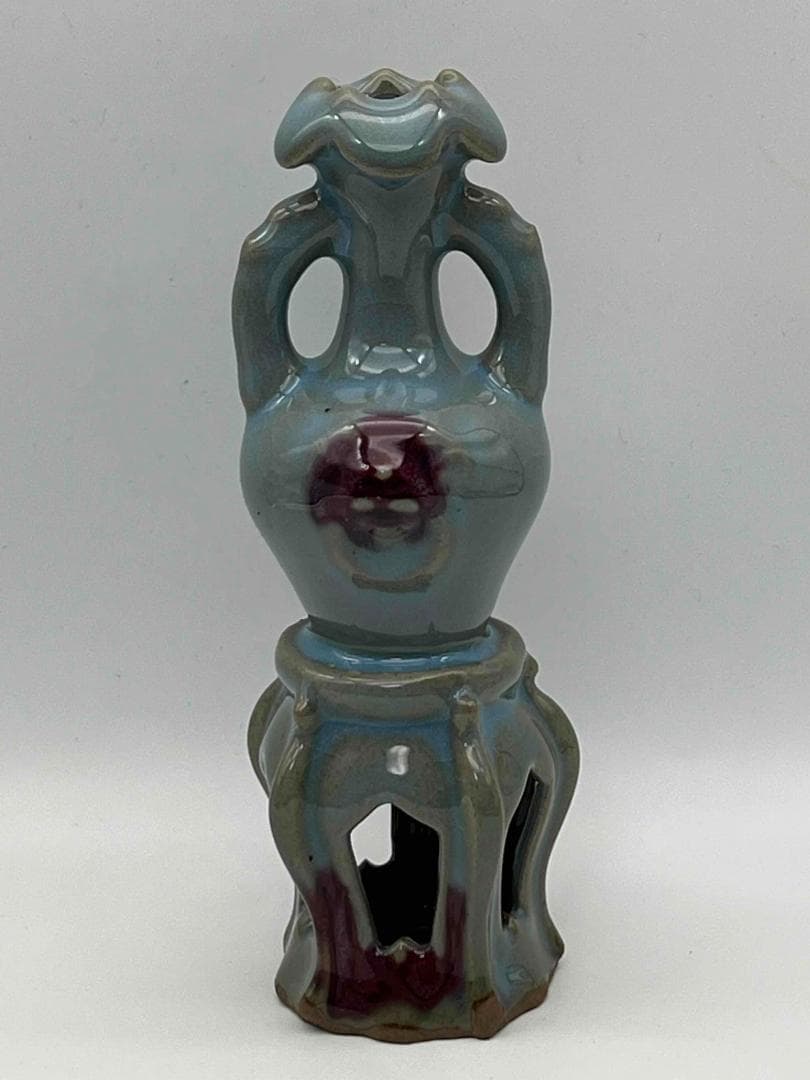 元時代 鈞窯 澱青釉紫斑花瓶型高台香炉 窯変釉　辰砂　名品珍品(D-47)