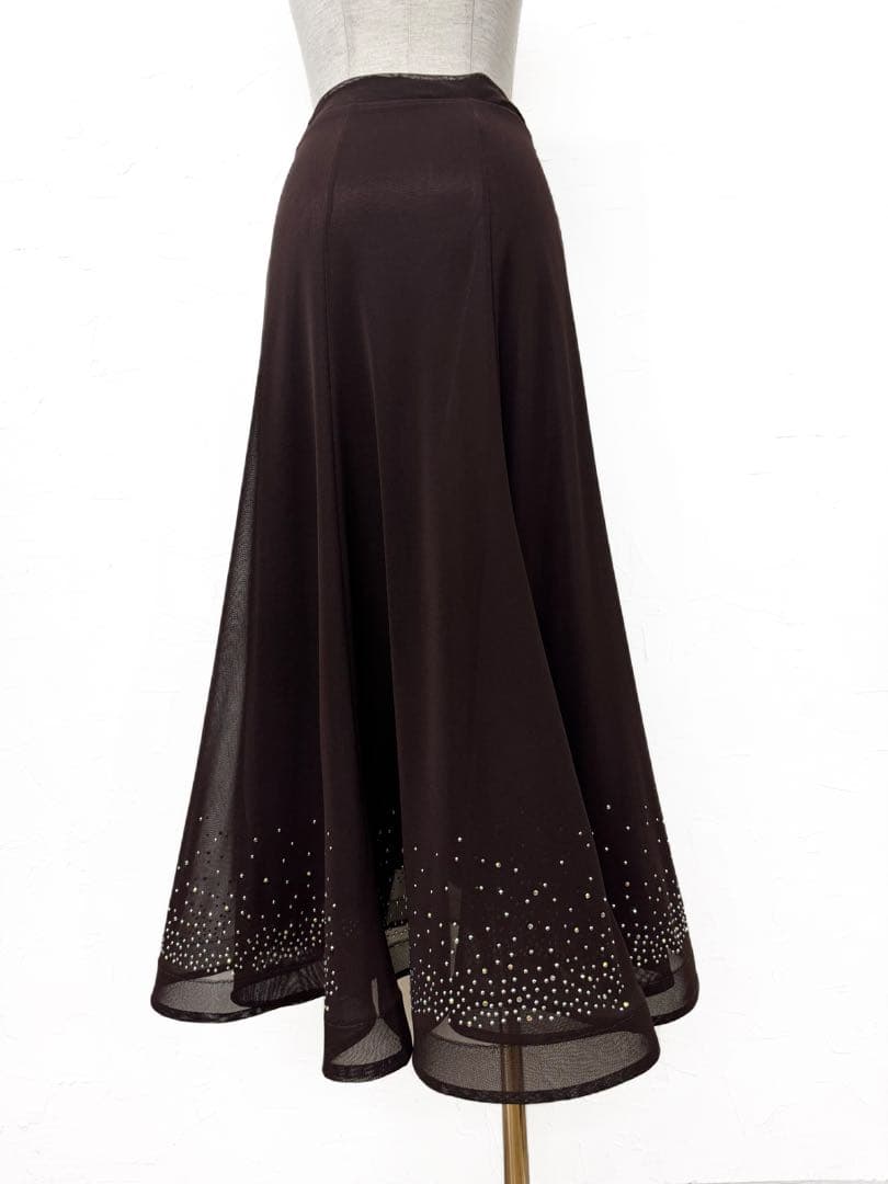【レアカラー】新品 ブラウン　裾ホースヘアーラインストーンロングスカートｄ097