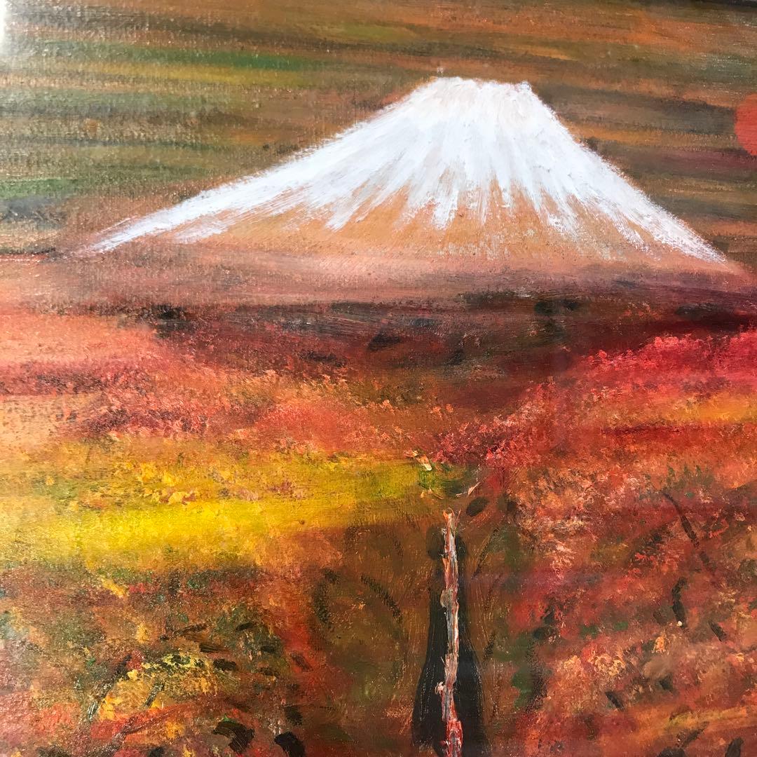 油彩画　真筆保証　富士山と滝と紅葉　自作絵画　堀口　守