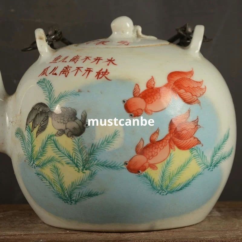 景徳鎮 陶磁器 手描きパステル魚提梁湖 茶壺 煎茶器 装飾品 現代工芸品 置物