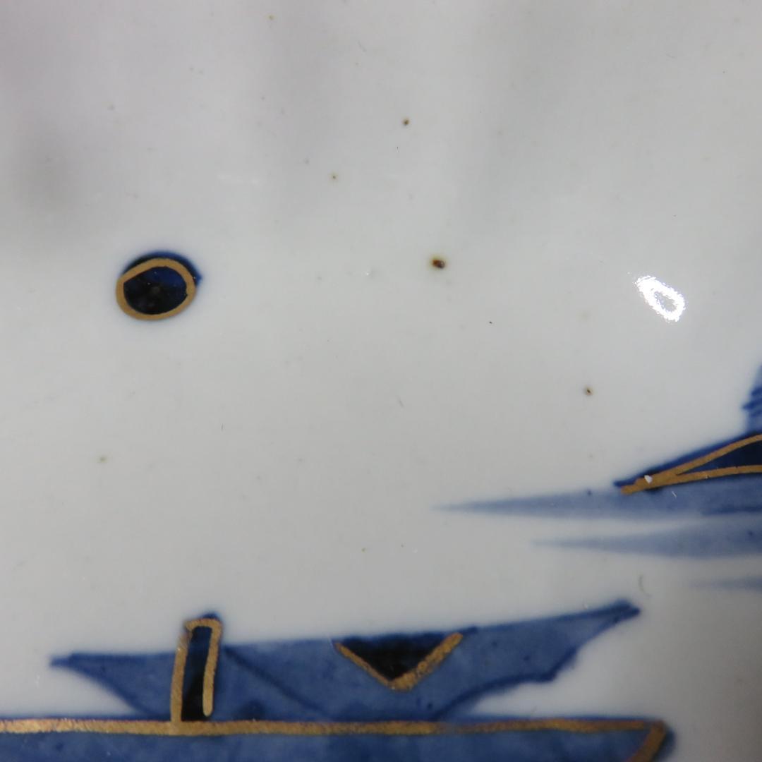 なます皿 4枚 染付 金彩 船 月 川 山水 風景絵図 古伊万里 窯傷