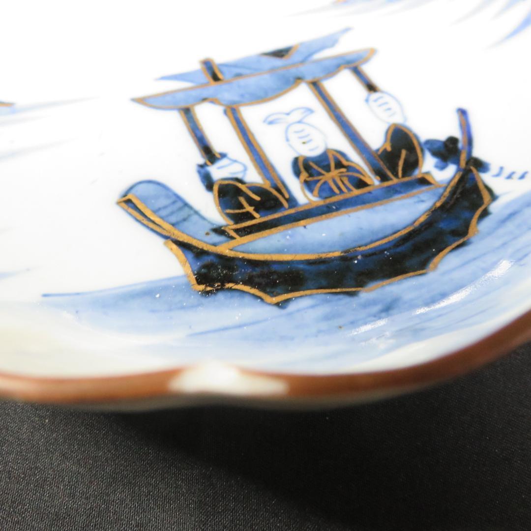 なます皿 4枚 染付 金彩 船 月 川 山水 風景絵図 古伊万里 窯傷