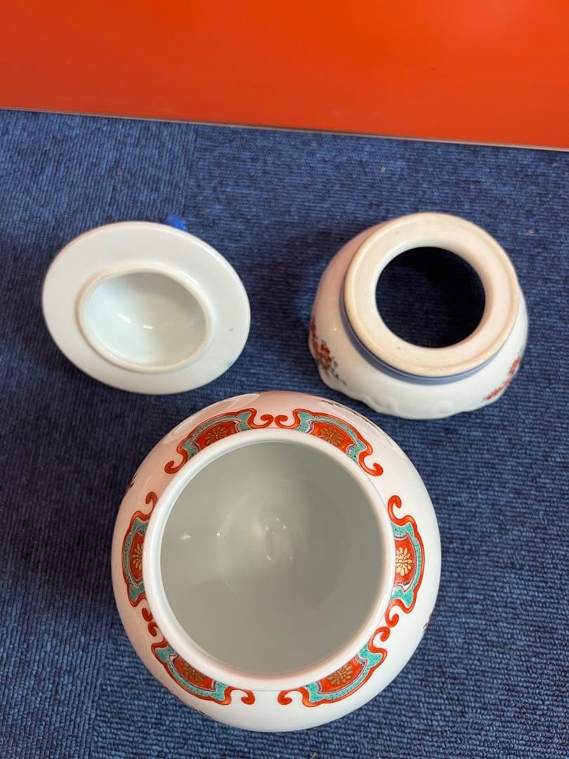 1348 九谷焼 良山作 染錦花鳥図壺 獅子蓋 三段壺 飾り壺