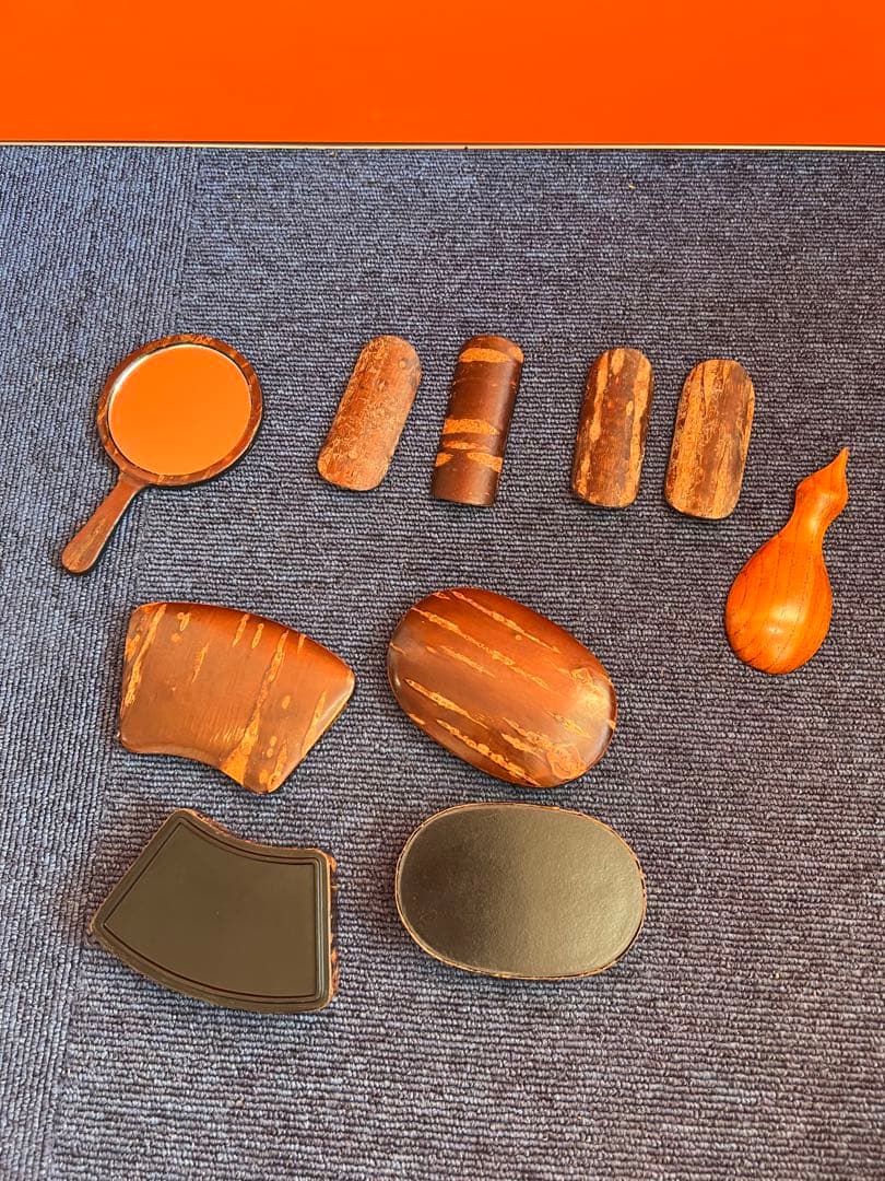 1248 桜皮細工 小物入れ2客 匙付き5客　鏡1 客　木地　未使用