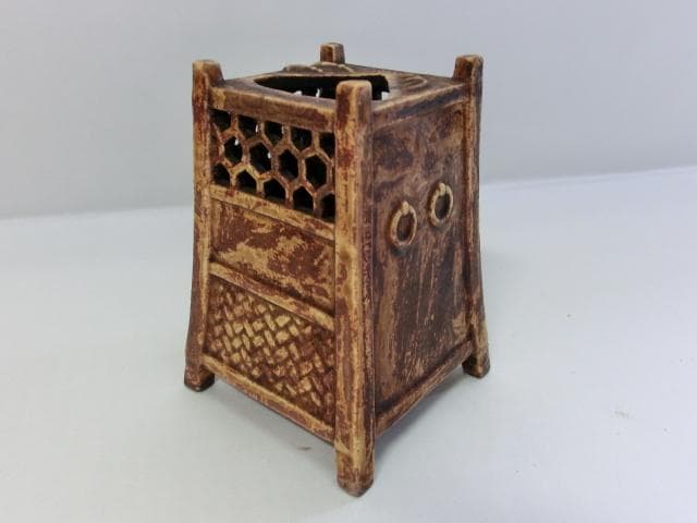 筆立■「木米」茶杓立て 筆筒 古い籠型透かし筆立て 四足 扇型穴 櫓型 骨董品■