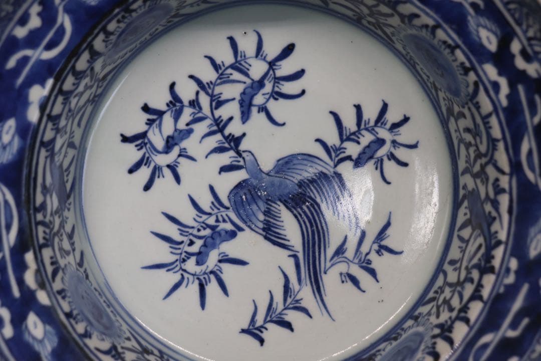 江戸　伊万里　染付　高台鉢　花鳥紋　送料込み1226