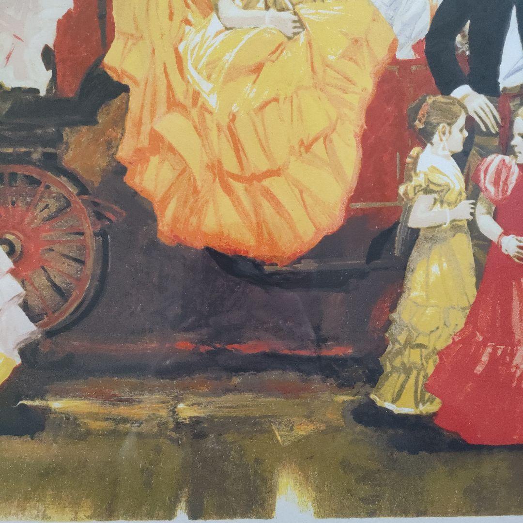 斎藤三郎　大判リトグラフ『祭りの馬車』直筆サイン入、ウコン布&共箱付