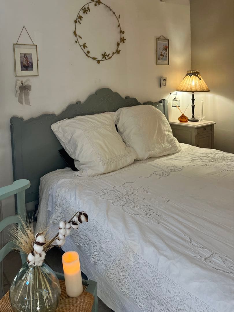 ◆フランスアンティーク｜手刺繍大判マルチクロスベットカバー白カーテンリボンレース