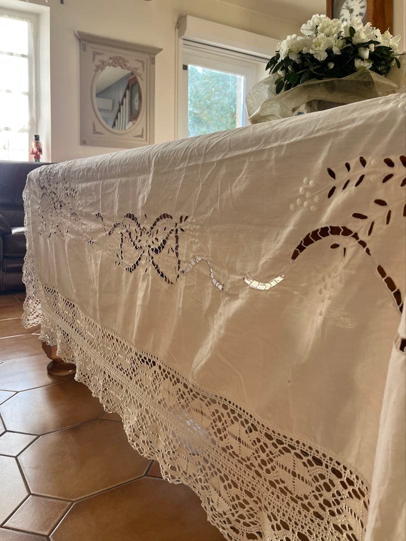 ◆フランスアンティーク｜手刺繍大判マルチクロスベットカバー白カーテンリボンレース