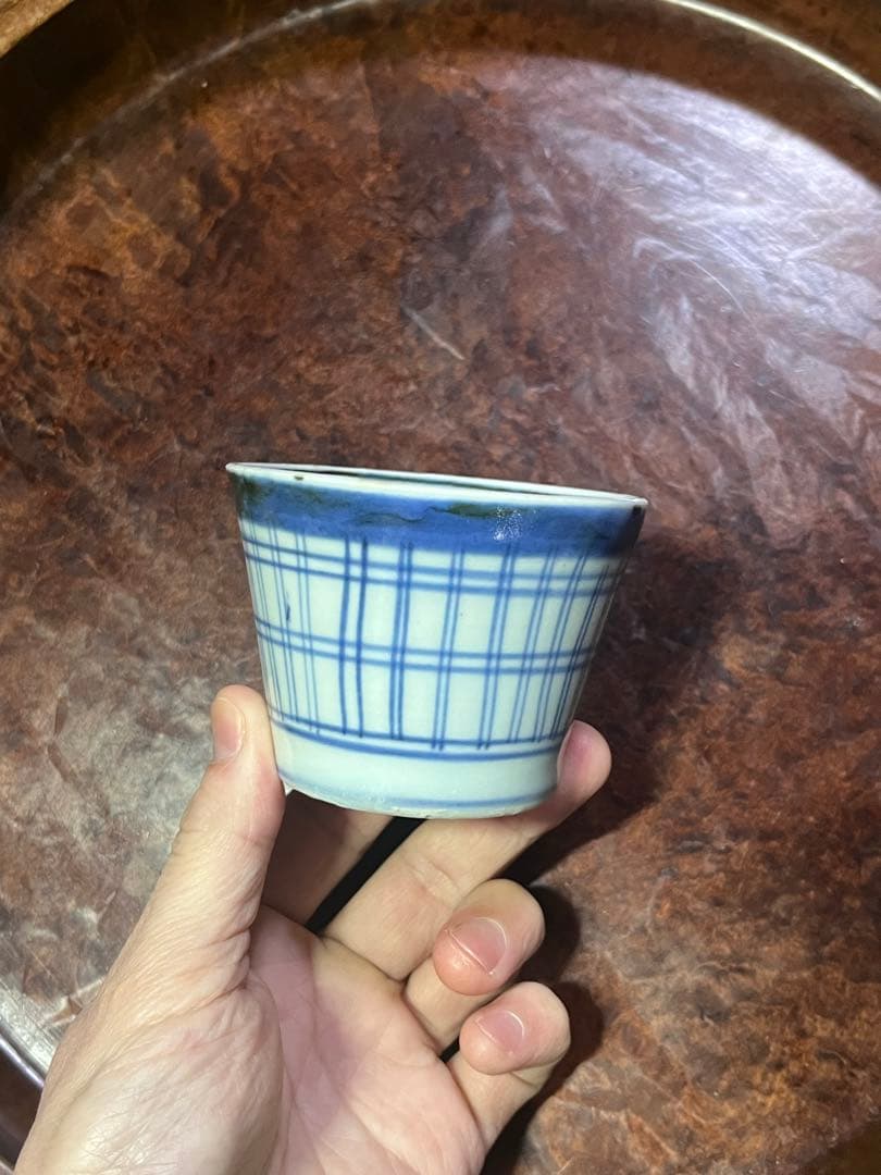 珍品　古伊万里　瑠璃　格子文　蕎麦猪口　そば猪口　民藝　民芸　くらわんか
