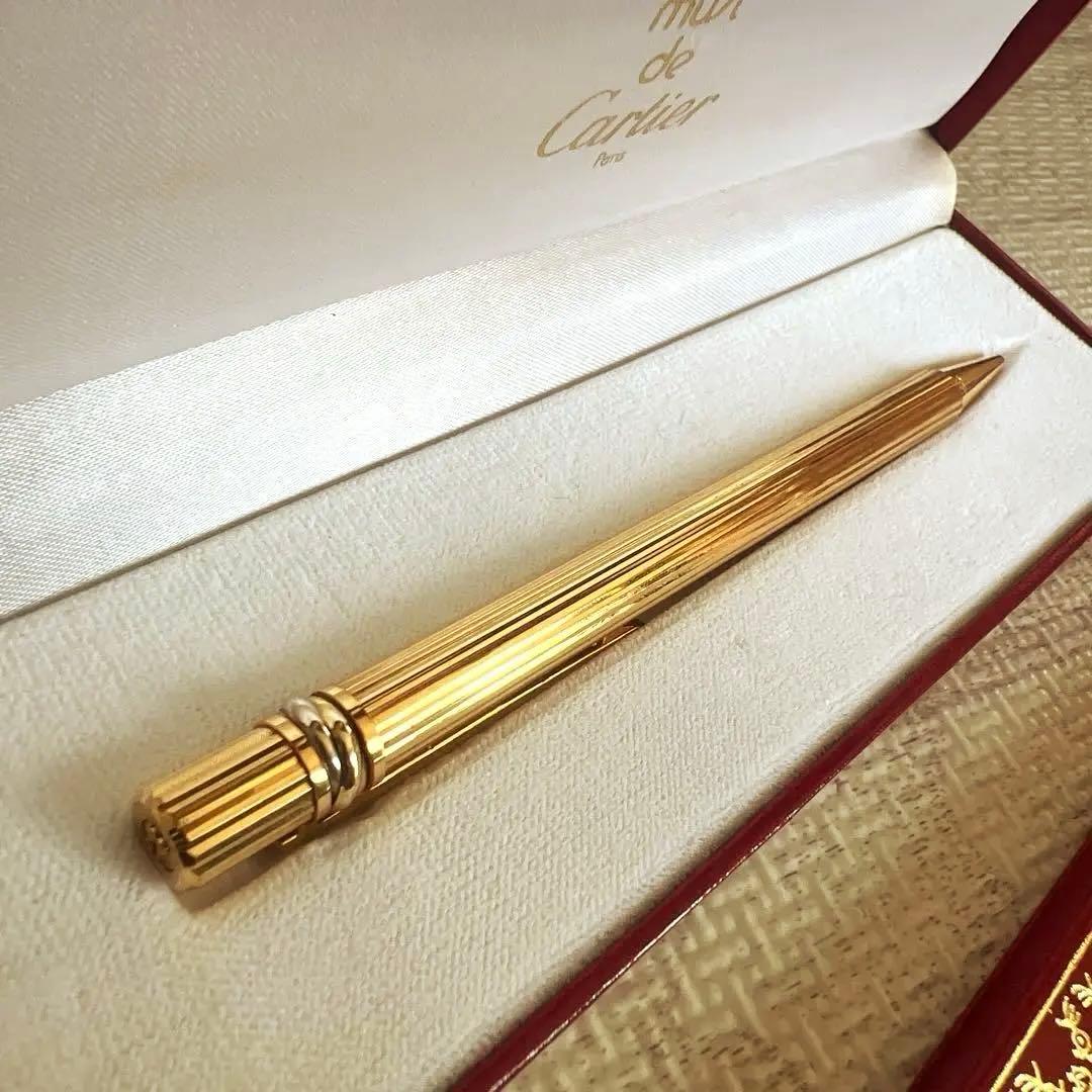 【美品】カルティエ　ボールペン　トリニティ　ゴールド　青インク　ストライプ