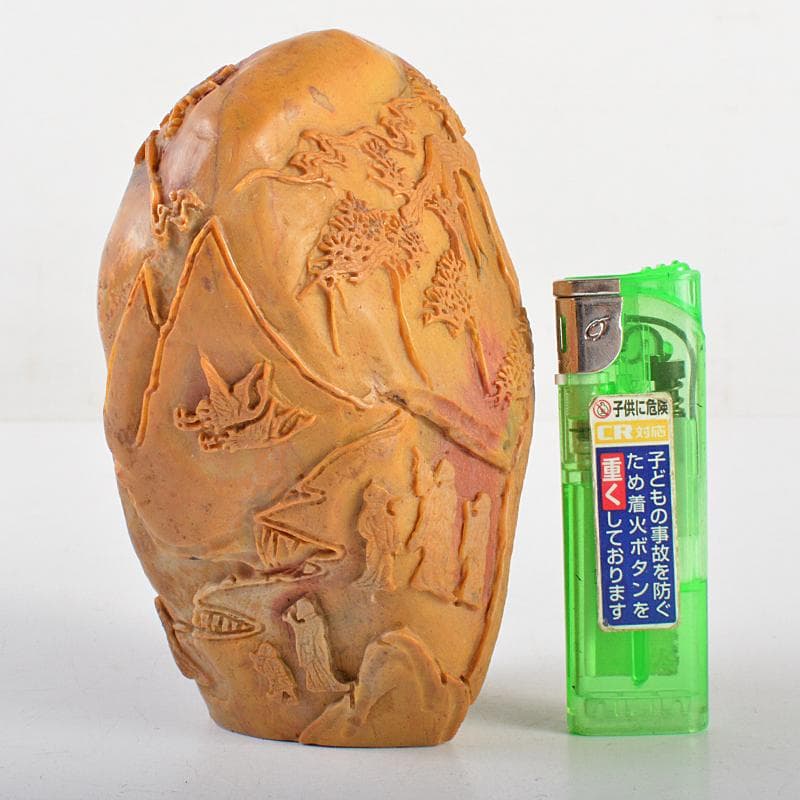 中国　玉石彫刻　山水人物刻　置物　時代箱付　M　R5717