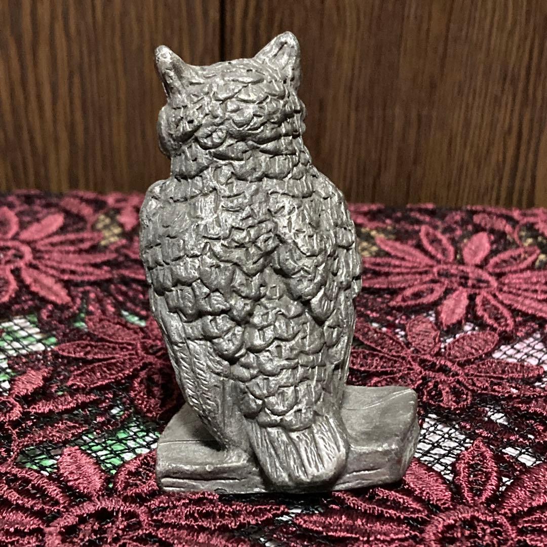 イギリス　アンティーク　フクロウ置物　錫　ピューター　ホールマーク付