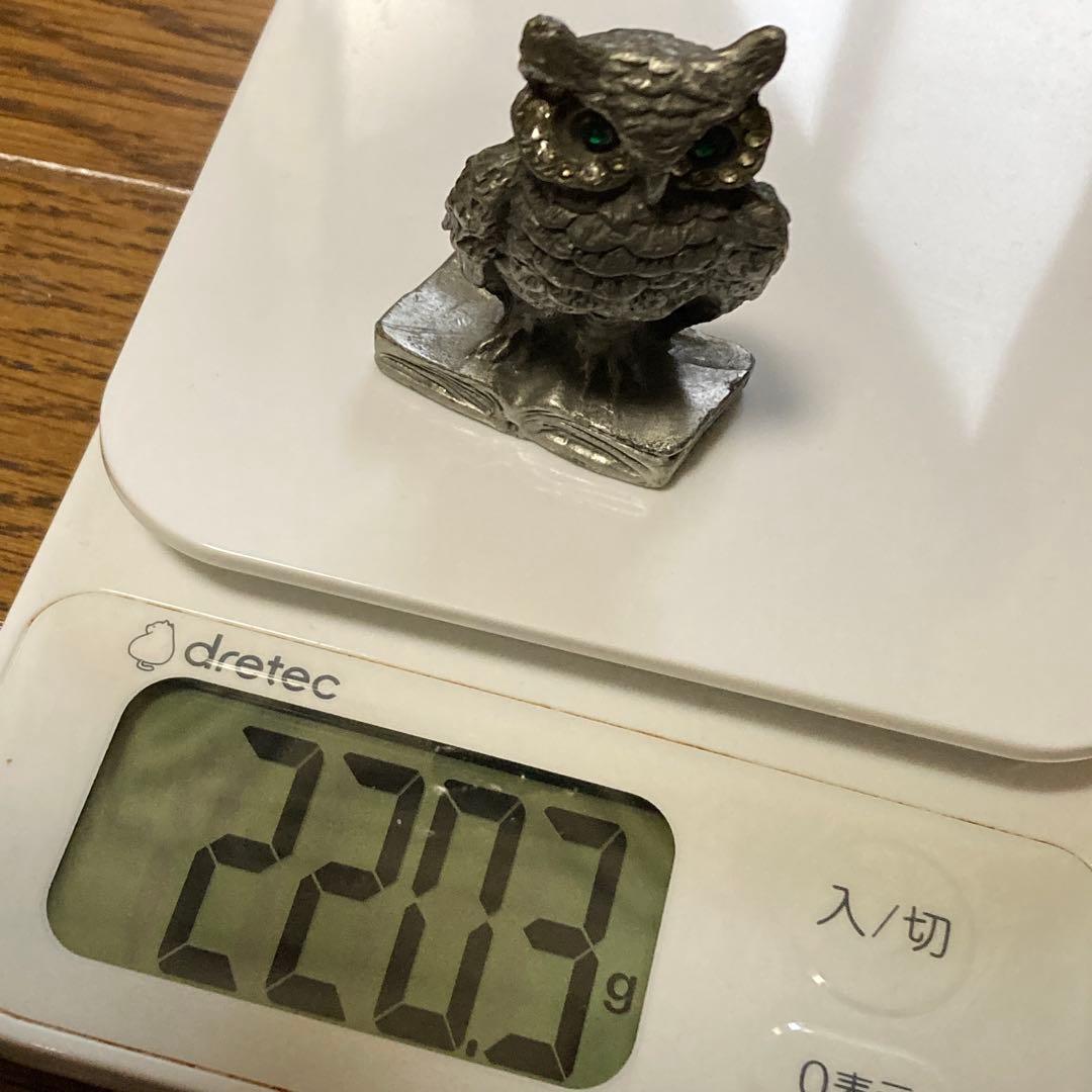 イギリス　アンティーク　フクロウ置物　錫　ピューター　ホールマーク付